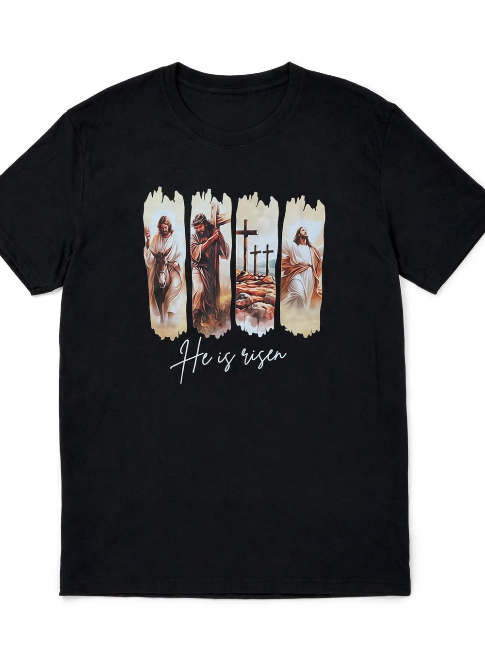 TikTok Shop "He Is Risen" Christian Graphic Tee Black Resurrection Art T-Shirt